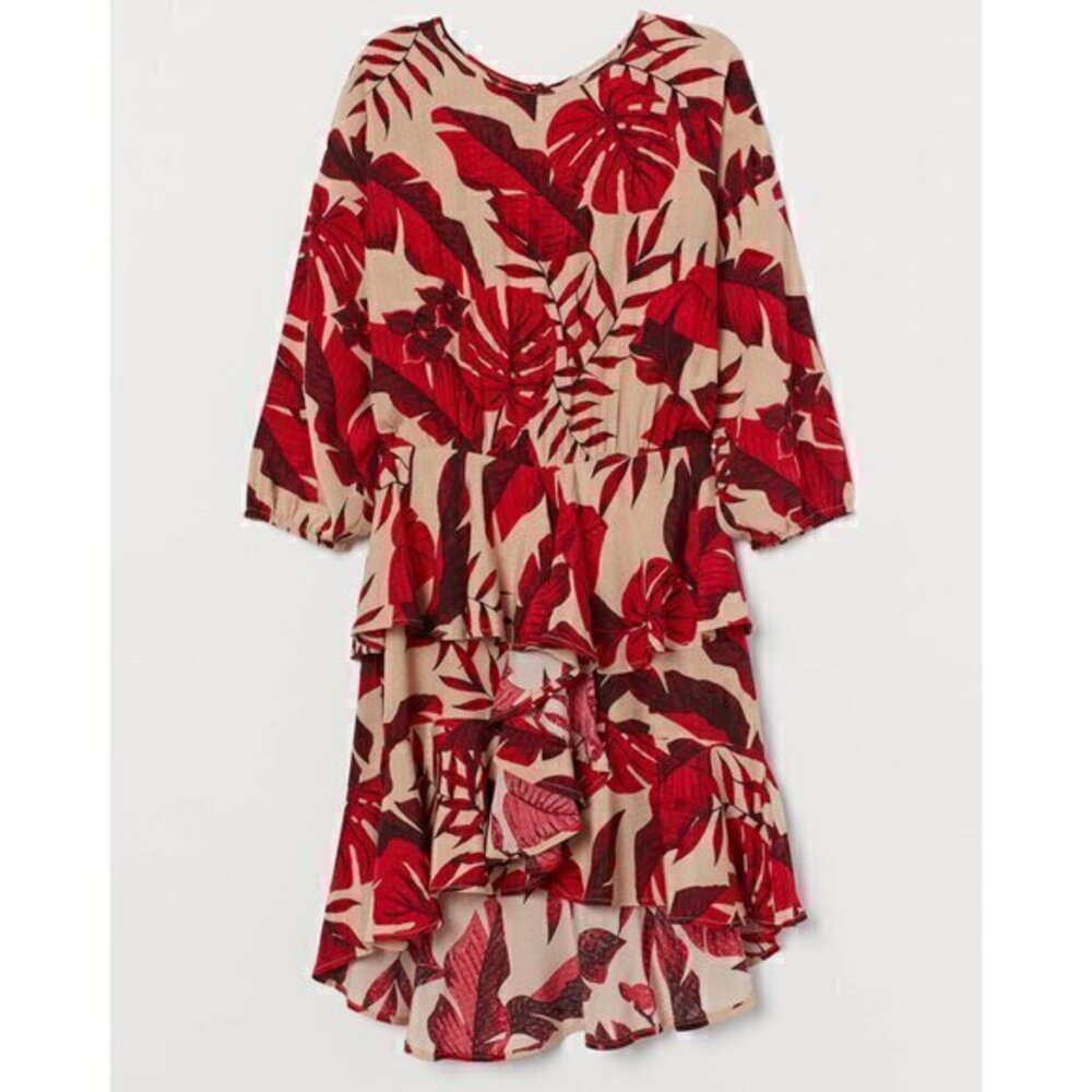 Johanna Ortiz x H&M Red Palm Print Flounced Dress Size XXL NWOT BLOGGER FAVORITE